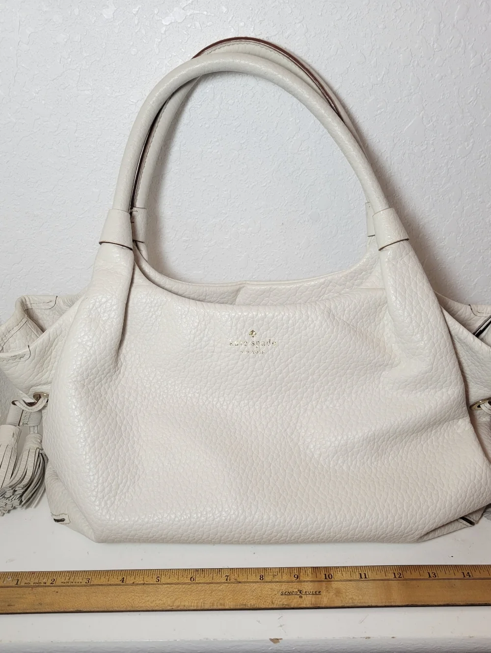 Kate Spade New York Clotted Cream Pebbled Tassel Polka Dot Gold Handbag - Read